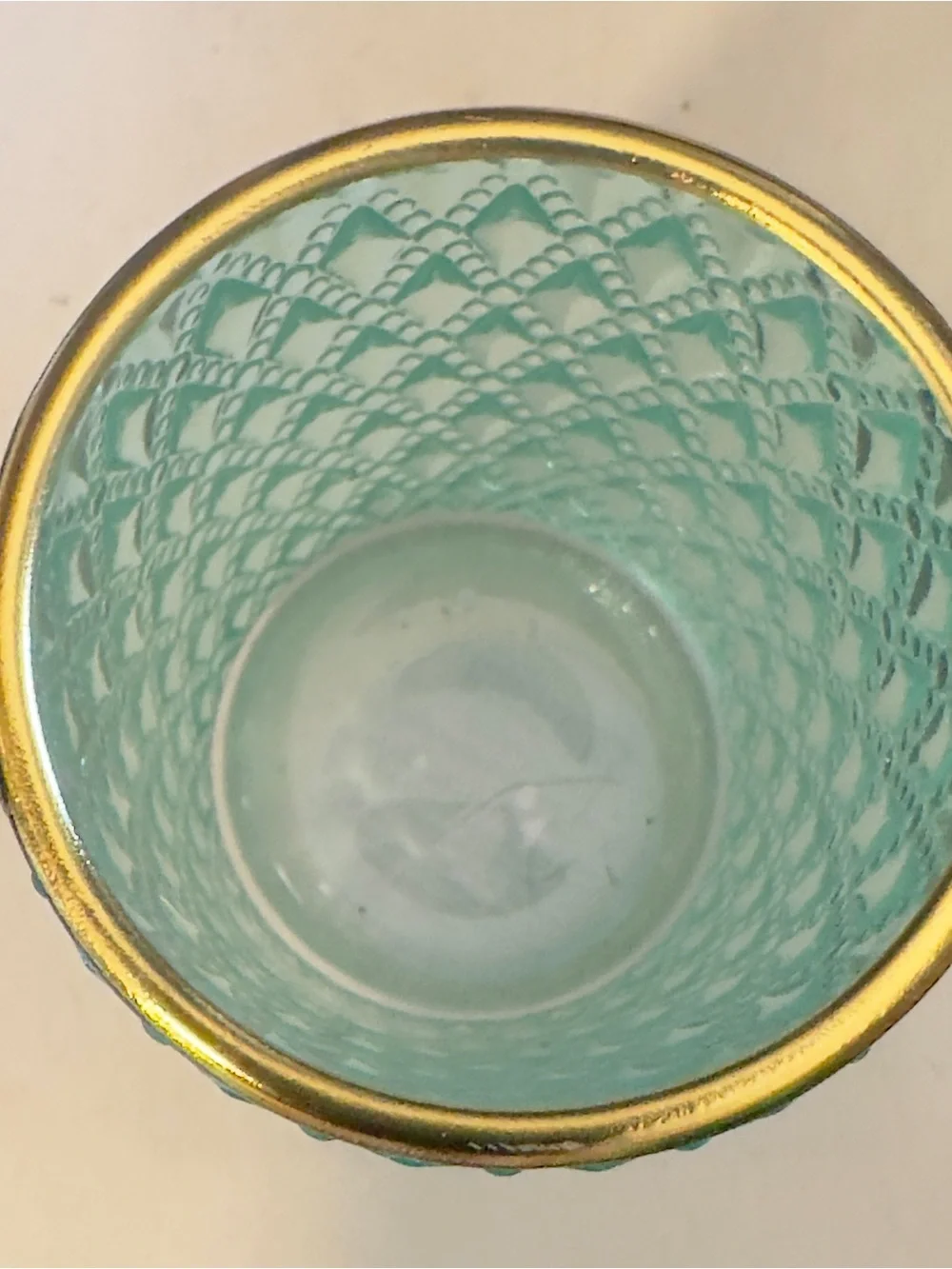 Teal Textured Glass Candle Holder with Gold Rim